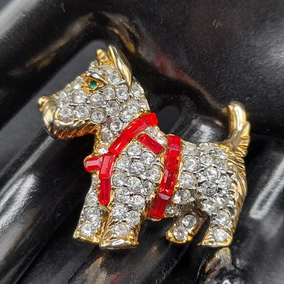 Vintage Scottie Terrier Dog Brooch, Red Clear Rhinestones, 80s Vintage Jewelry - Picture 7 of 9